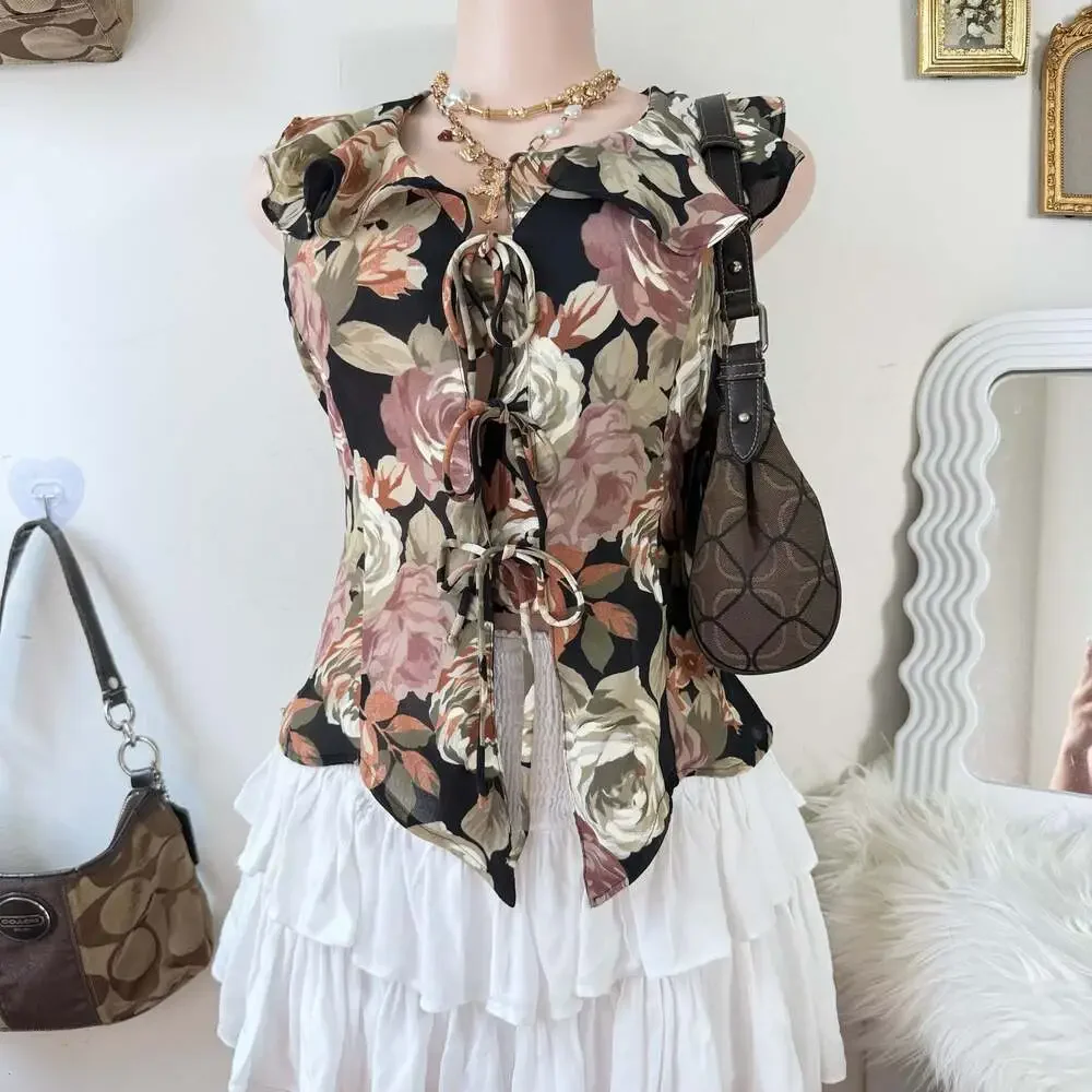 Y2K Floral Print Sleeveless Tie-Front Top